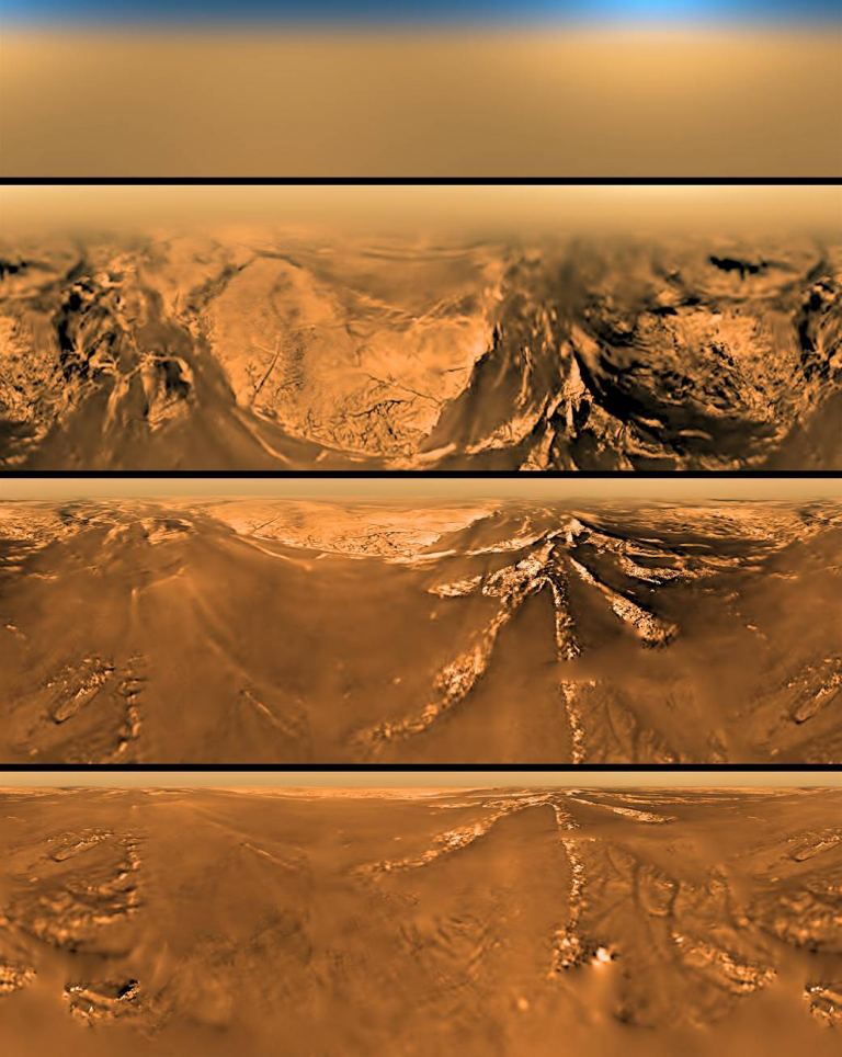 Four images of Titan taken by the Huygens probe as it descended towards the surface. - Image Credit: ESA/NASA/JPL/University of Arizona