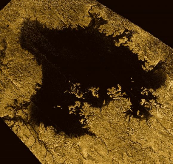 Ligeia Mare, shown in here in data obtained by NASA’s Cassini spacecraft, is the second largest known body of liquid on Saturn’s moon Titan. It is filled with liquid hydrocarbons, such as ethane and methane, and is one of the many seas and lakes that bejewel Titan’s north polar region. - Image Credit: NASA/JPL-Caltech/ASI/Cornell