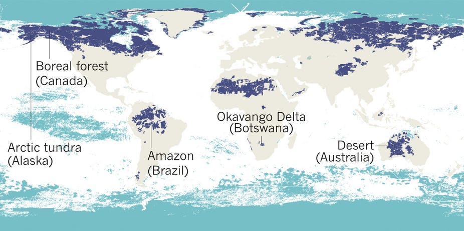 The world’s remaining wilderness. Dark blue = terrestrial. Light blue = marine. - Image Modified with permission from Protect the last of the wild, Watson et al, Nature (2018)