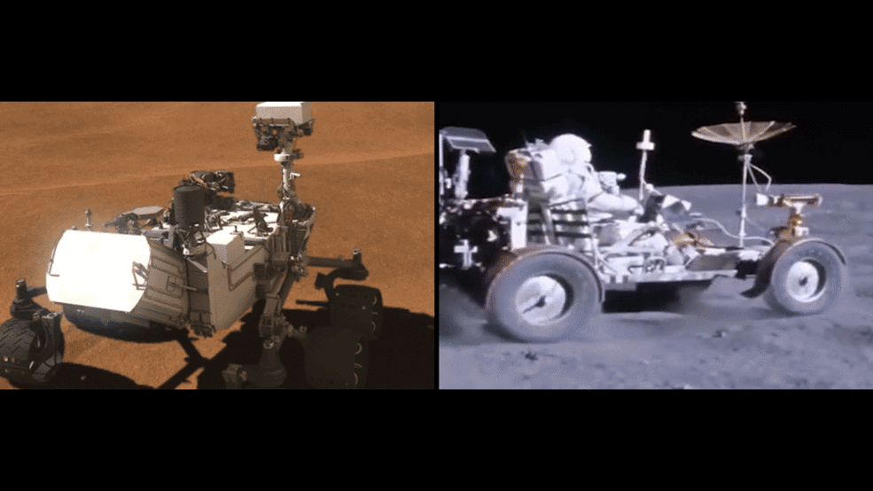 Side-by-side images depict NASA's Curiosity rover (illustration at left) and a moon buggy driven during the Apollo 16 mission. - Image Credit: NASA/JPL-Caltech
