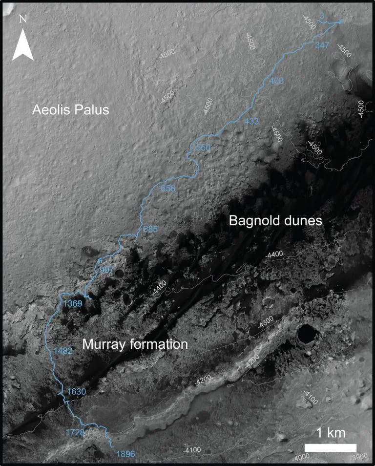 This image was captured by NASA’s Mars Reconnaissance Orbiter. It shows part of Curiosity’s path, past the Bagnold dunes in Gale Crater, through the Murray formation at the base of Mt. Sharp, and up the bottom slope of Mt. Sharp. - Image Credit: NAS…