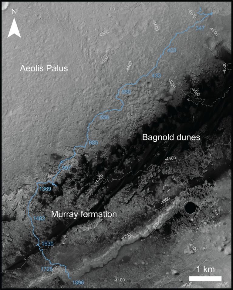 This image was captured by NASA’s Mars Reconnaissance Orbiter. It shows part of Curiosity’s path, past the Bagnold dunes in Gale Crater, through the Murray formation at the base of Mt. Sharp, and up the bottom slope of Mt. Sharp. - Image Credit: NASA/JPL-Caltech. (click to enlarge)