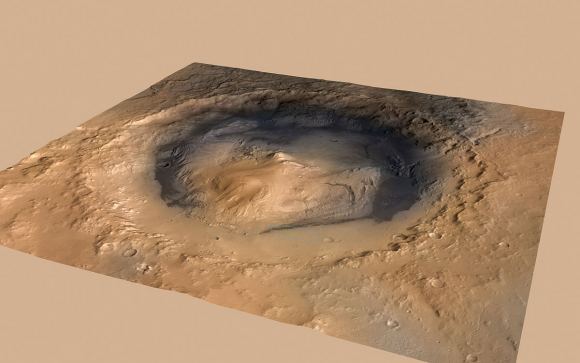 A composite image of Gale Crater and Mt. Sharp, or Aeolis Mons. The image comes from three orbiter: ESA’s Mars Express Orbiter, NASA’s Mars Reconnaissance Orbiter, and the Viking Orbiter. The faint green dot in the foreground of the mountain is Curiosity’s landing site. - Image Credit: By NASA/JPL-Caltech/ESA/DLR/FU Berlin/MSSS (click to enlarge)