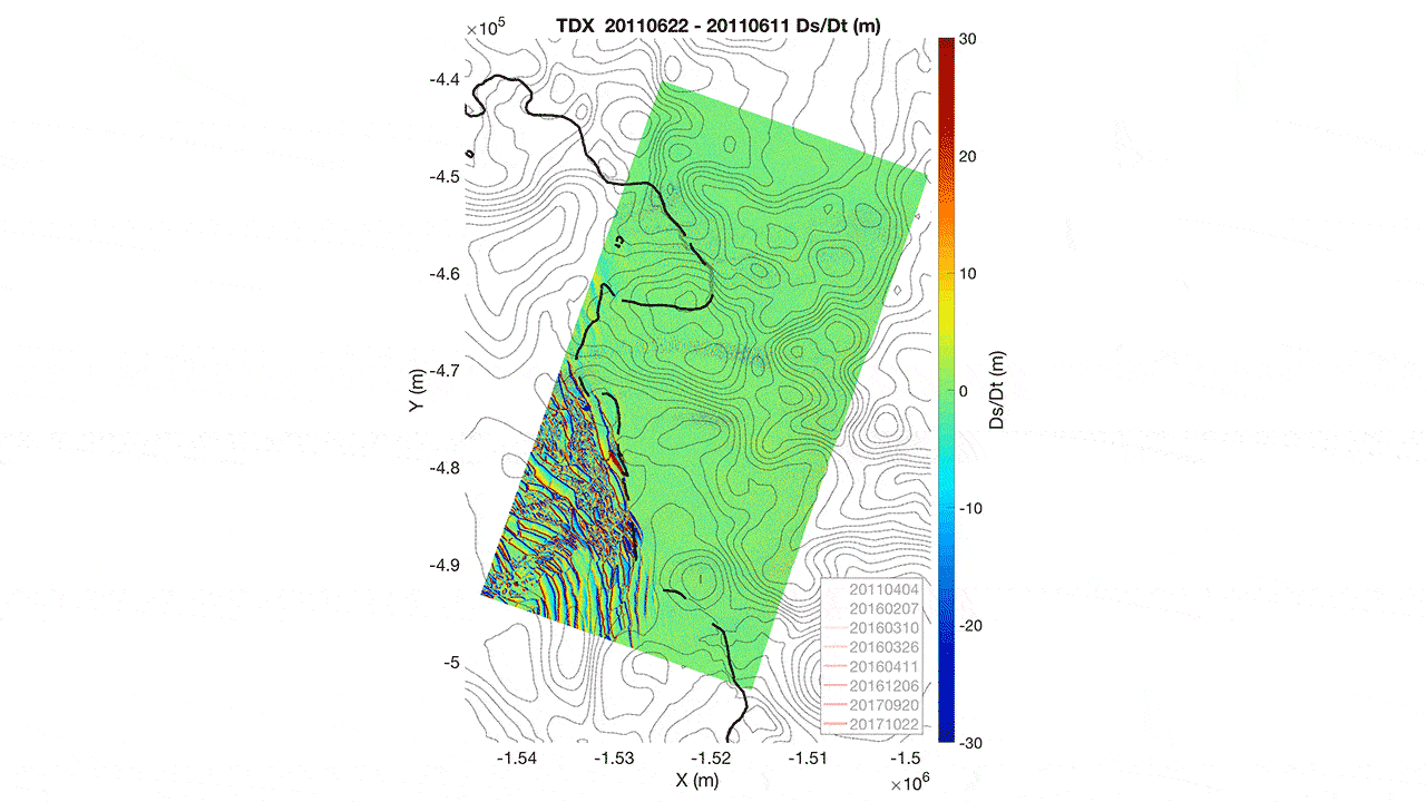 Changes in surface height at Thwaites Glacier's grounding line, 2011 to 2017, with sinking areas in red and rising areas in blue. The growing cavity (red mass, center) caused the greatest sinking. The mottled area (bottom left) is the site of extensive calving. Contours show bedrock topography. - Image Credit: NASA/JPL-Caltech