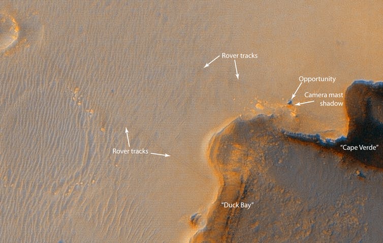 Opportunity at Victoria Crater spotted from orbit. - Image Credit: NASA/JPL/University of Arizona