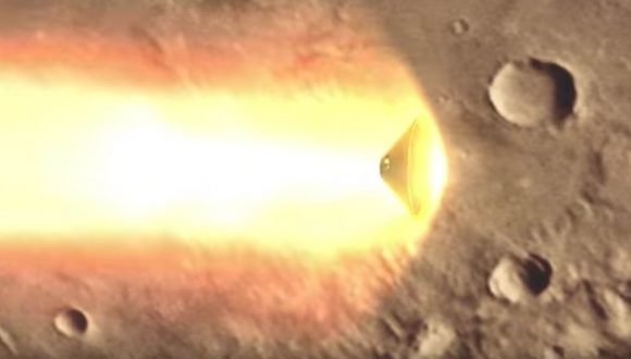 Artists impression of the Schiaparelli test lander descending through the Martian atmosphere at high speed. - Image Credit: ESA