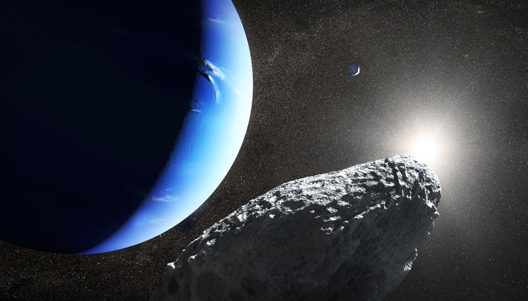 This is an artist's concept of the tiny moon Hippocamp that was discovered by the Hubble Space Telescope in 2013. Only 20 miles across, it may actually be a broken-off fragment from a much larger neighboring moon, Proteus, seen as a smaller crescent in the upper right. This is the first evidence for a moon being an offshoot from a comet collision with a much larger parent body. - Image Credit: NASA, ESA and J. Olmsted (STScI)