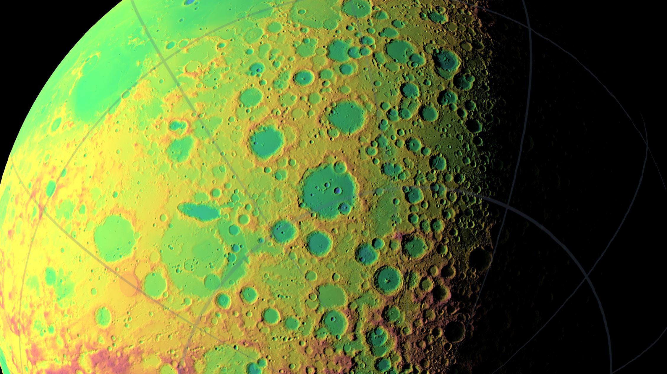 A false color view of the Moon's southern latitudes. The large blue area at the bottom of the frame is the South Pole-Aitken Basin, an enormous and very old impact feature on the far side of the Moon.- Image Credit: NASA/Goddard Space Flight Center Scientific Visualization Studio.
