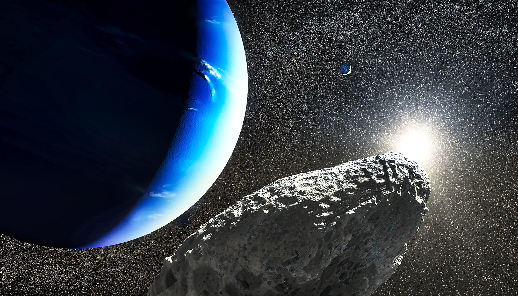 This is an artist's concept of the tiny moon Hippocamp that was discovered by the Hubble Space Telescope in 2013. Only 20 miles across, it may actually be a broken-off fragment from a much larger neighboring moon, Proteus, seen as a smaller crescent in the upper right. This is the first evidence for a moon being an offshoot from a comet collision with a much larger parent body. - Image Credits NASA, ESA and J. Olmsted (STScI)