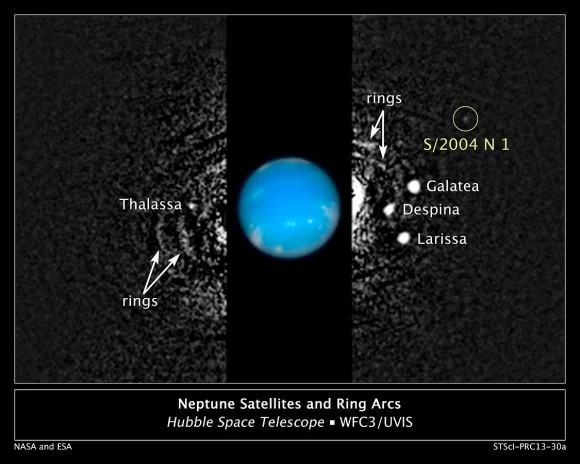 When originally discovered, Hippocamp was called S/2004 N 1. It was discovered in 2013 when Mark Showalter analyzed over 150 archival Neptune photographs taken by Hubble from 2004 to 2009. - Image Credit: By NASA, ESA, and M. Showalter (SETI Institute)