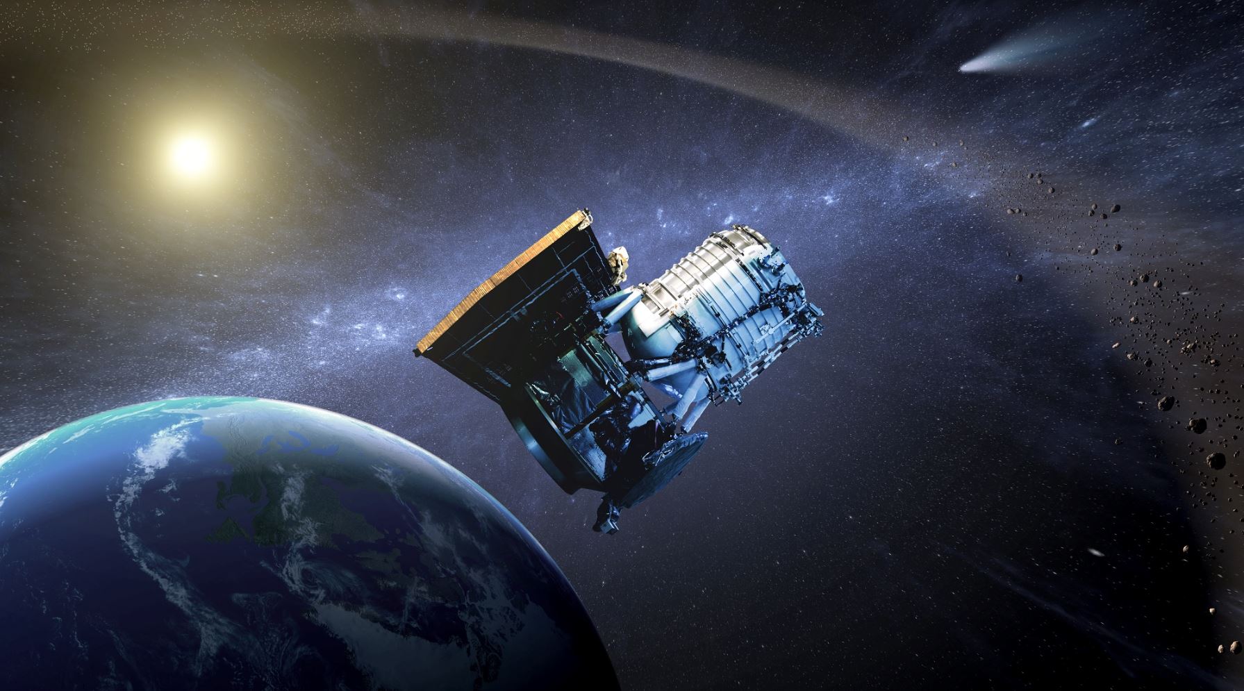 Artist’s concept of the Wide-field Infrared Survey Explorer as its orbit around Earth. - Image Credit: NASA/JPL