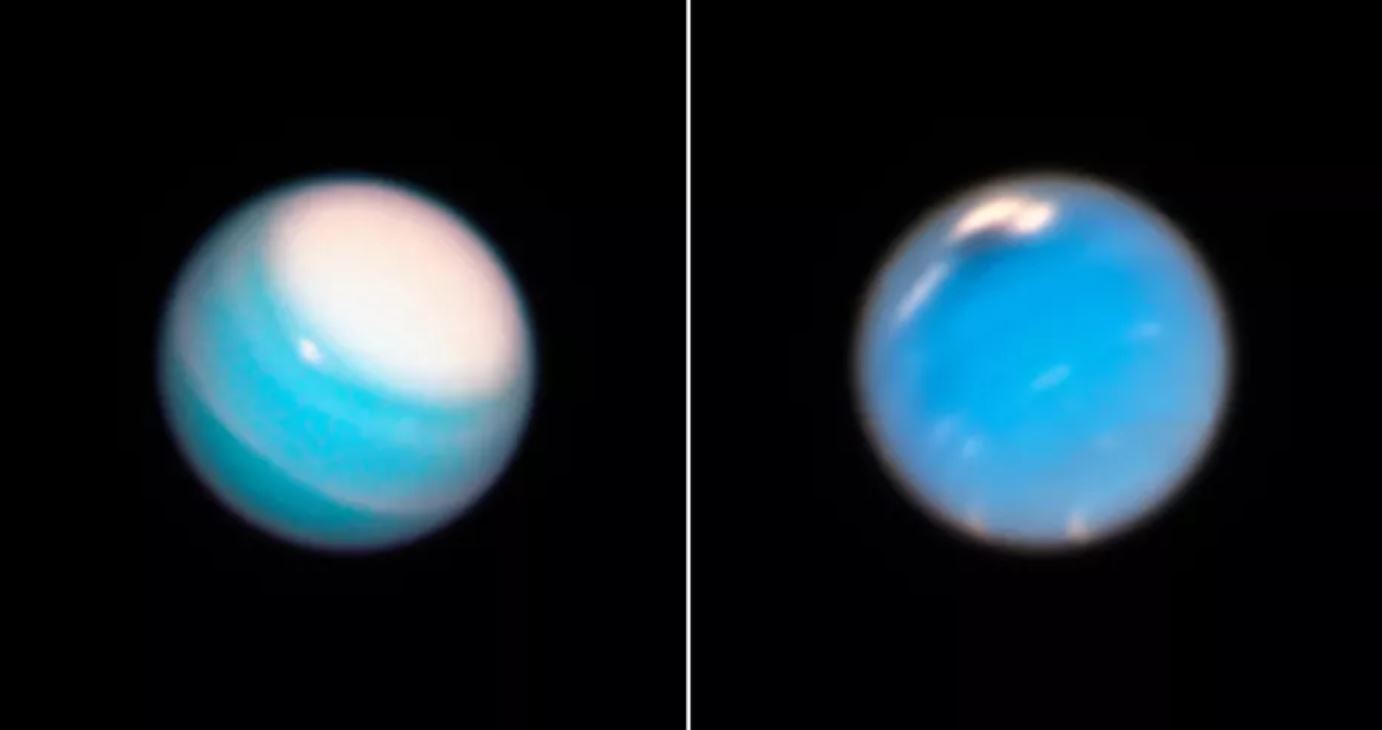 Uranus (left) and Neptune (right) seen by Hubble. - Image Credit: NASA, ESA, A. Simon (NASA Goddard Space Flight Center), and M.H. Wong and A. Hsu (University of California, Berkeley)
