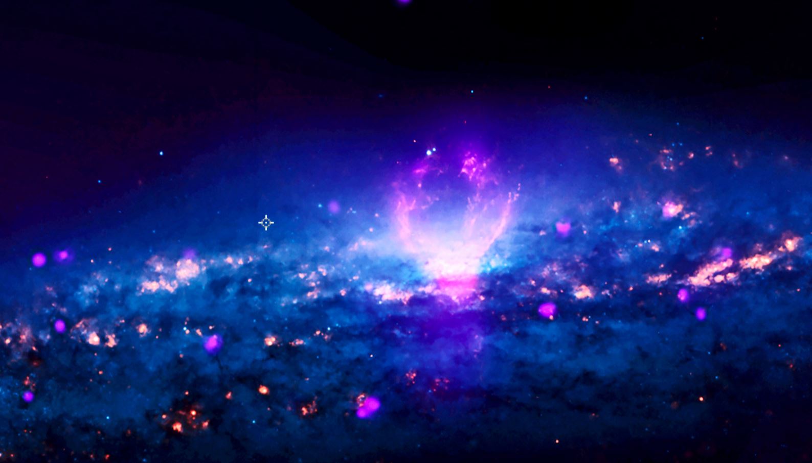 Galaxy NGC 3079, approximately 67 million light years from Earth, contains two galactic bubbles. These bubbles give off light in the form of X-ray, optical, and radio emissions. - Image Credit: NASA/CXC/U. Michigan