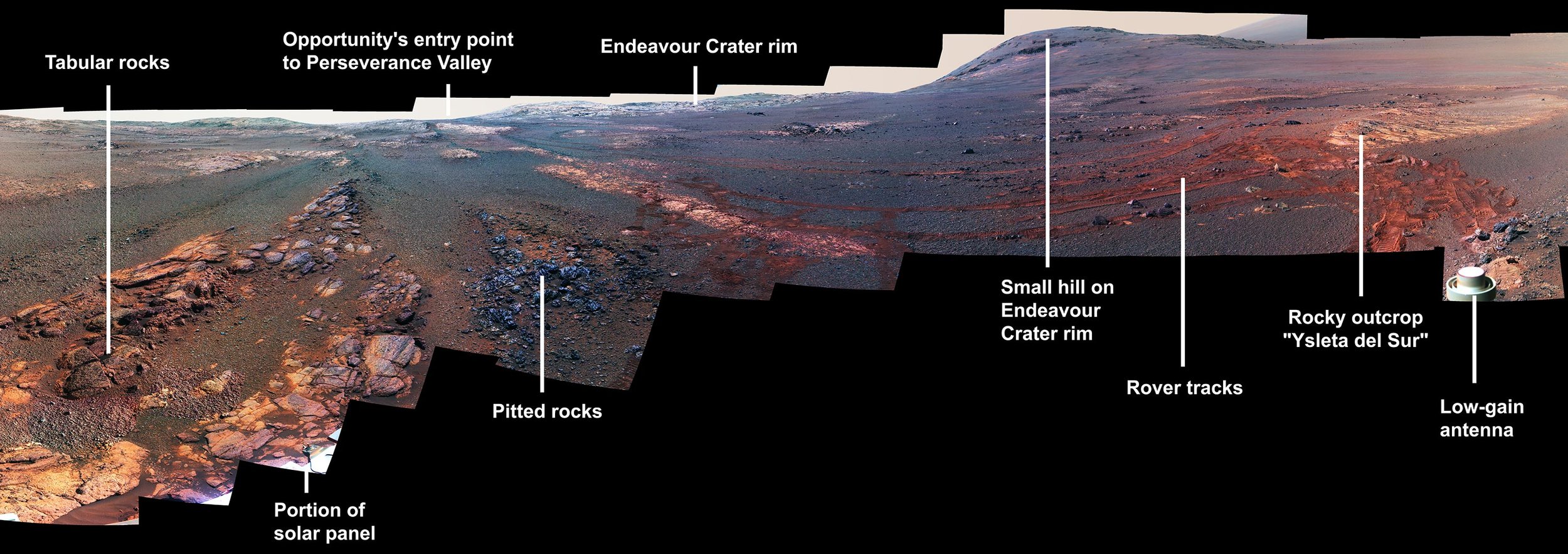 This image is a cropped version of the last 360-degree panorama taken by the Opportunity rover's Panoramic Camera (Pancam) from May 13 through June 10, 2018. The view is presented in false color to make some differences between materials easier to see. - Image Credit: NASA/JPL-Caltech/Cornell/ASU (Click image to enlarge)