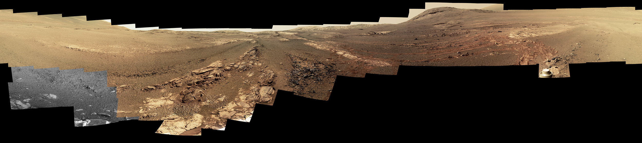 This image is an edited version of the last 360-degree panorama taken by the Opportunity rover's Pancam from May 13 through June 10, 2018. The version of the scene is presented in approximate true color. - Image Credit: NASA/JPL-Caltech/Cornell/ASU (click image to enlarge)
