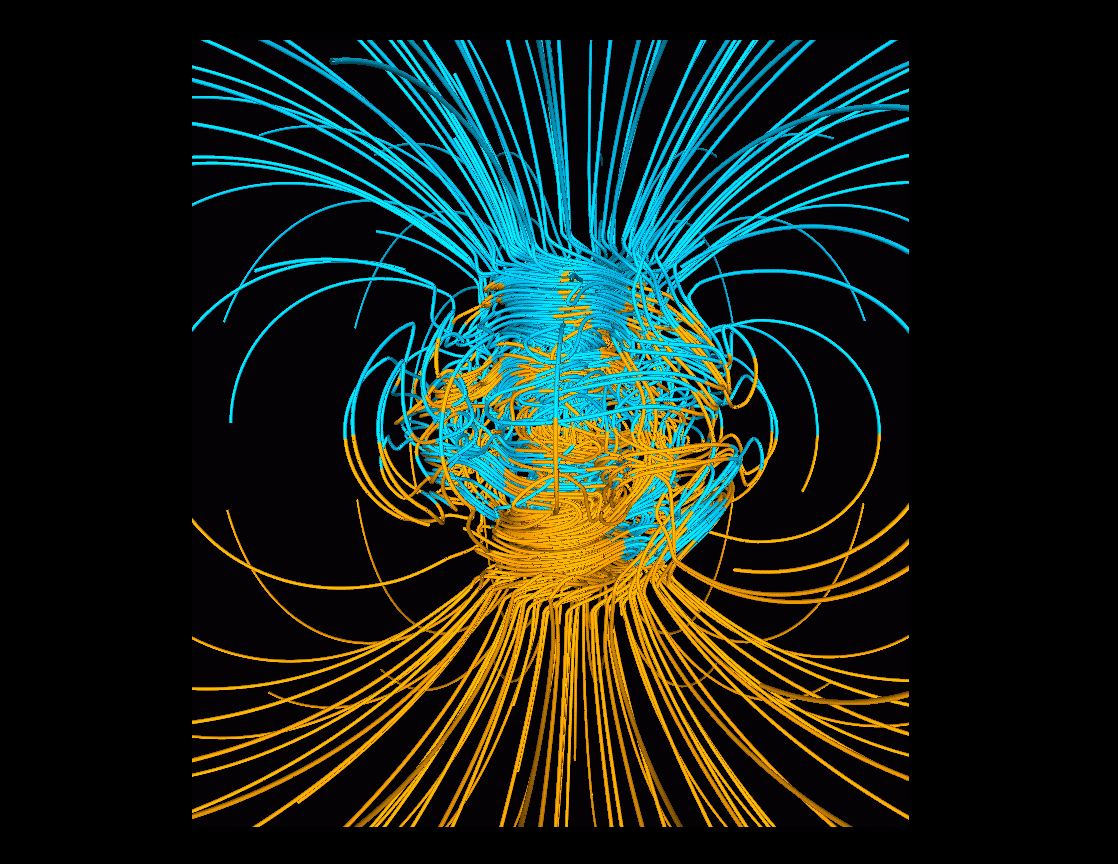 Life on Earth is exposed to the planet’s ever-present geomagnetic field that varies in intensity and direction across the planetary surface. - (Computer simulation of the Earth 's field in a period of normal polarity between reversals) - Image Credit: NASA via Wikimedia Commons