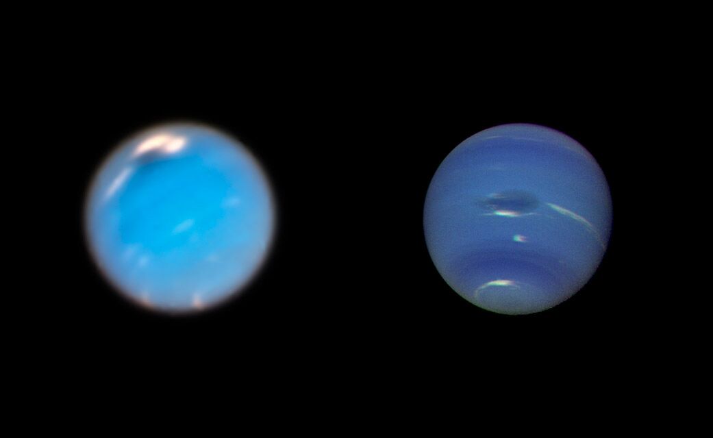 This is a composite picture showing images of storms on Neptune from the Hubble Space Telescope (left) and the Voyager 2 spacecraft (right). The Hubble Wide Field Camera 3 image of Neptune, taken in Sept. and Nov. 2018, shows a new dark storm (top center). In the Voyager image, a storm known as the Great Dark Spot is seen at the center. It is about 13,000 km by 6,600 km (approximately 8,000 miles by 4,100 miles) in size -- as large along its longer dimension as the Earth. The white clouds seen hovering in the vicinity of the storms are higher in altitude than the dark material. - Image Credit: NASA/ESA/GSFC/JPL