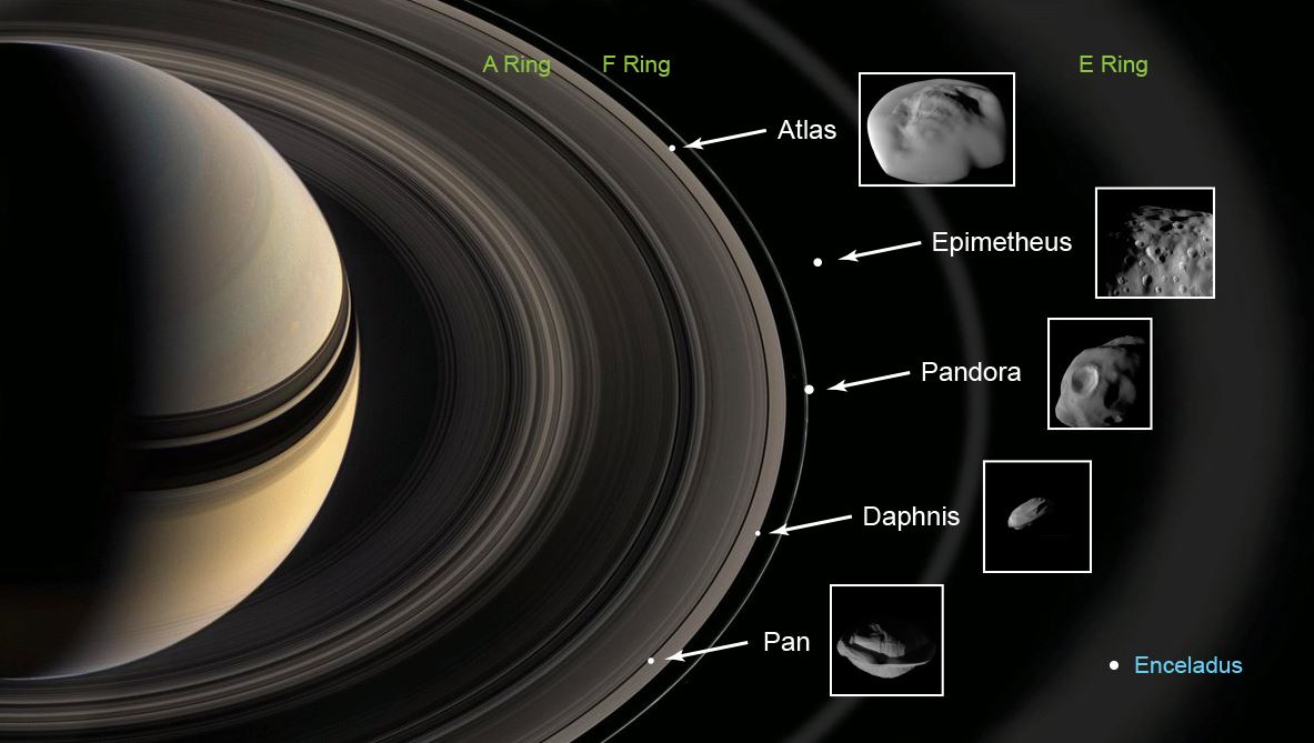 This graphic shows the ring moons inspected by NASA's Cassini spacecraft in super-close flybys. The rings and moons depicted are not to scale. - Image Credits: NASA/JPL-Caltech
