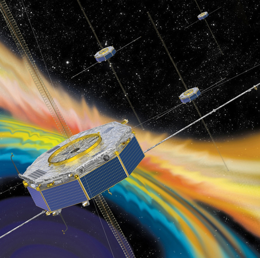 Illustration of the four MMS spacecraft in orbit in Earth's magnetic field. - Image Credit: NASA