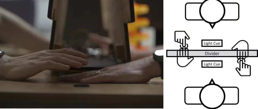Volunteers sat across from one another with a divider in between. When the light flashed, participants tapped one another and made a judgment about which tap happened first. Sensors on their hands recorded the actual times when the touches occurred. - Image Credit: Rob Ewing, Arizona State University