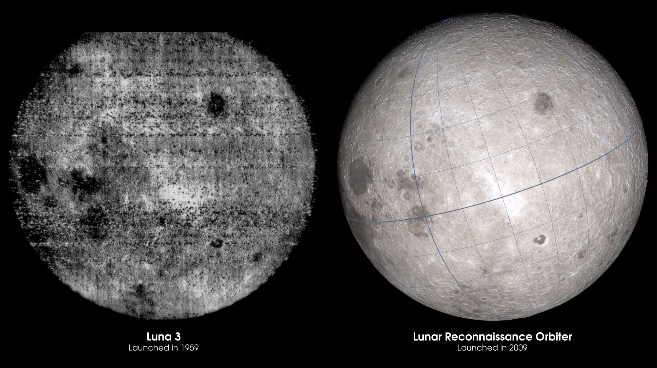Comparison of humanity’s first glimpse of the lunar far side and the same view thanks to LRO data 50 years later. - Image Credit: NASA's Goddard Space Flight Center Scientific Visualization Studio , CC BY