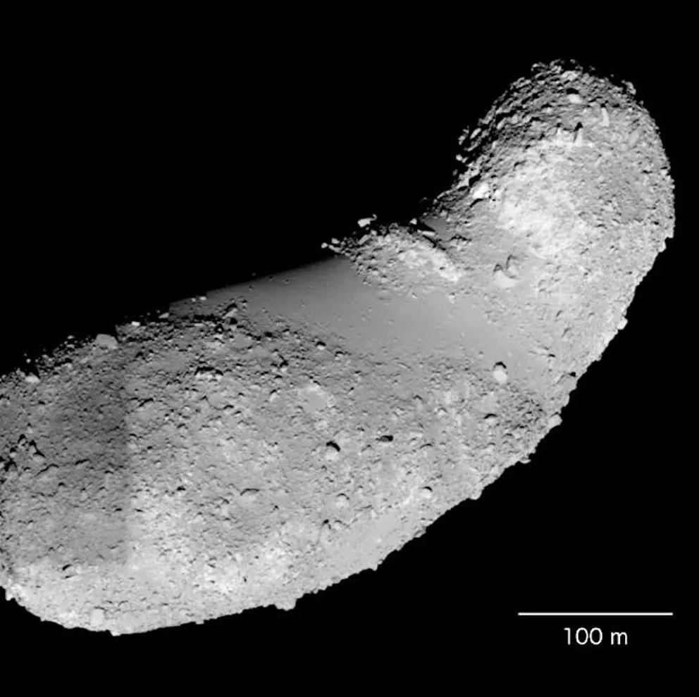 Asteroid Itokawa is a battered remnant of a larger parent body. ASU scientists have discovered that this rubble-pile asteroid still contains significant amounts of water in its minerals. - Image Credit: Japan Aerospace Exploration Agency, CC BY-SA