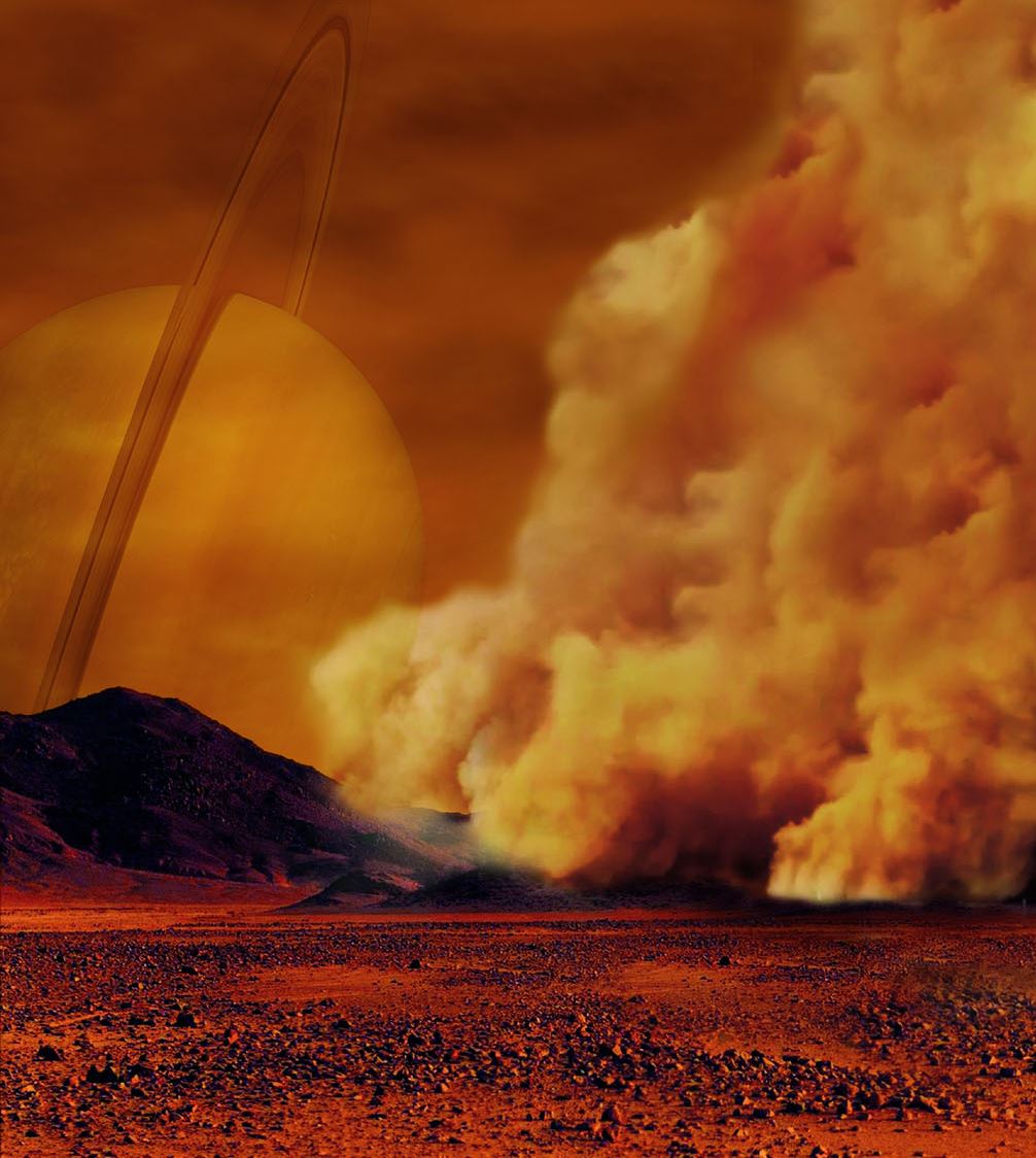 Artist's concept of a dust storm on Titan. - Image Credit: NASA/ESA/IPGP/Labex UnivEarthS/U. Paris Diderot