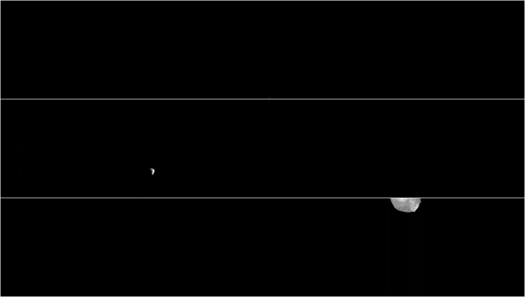 This movie shows three views of the Martian moon Phobos as viewed in visible light by NASA's 2001 Mars Odyssey orbiter. The apparent motion is due to movement by Odyssey's infrared camera, Thermal Emission Imaging System (THEMIS), rather than movement by the moon. - Image Credits: NASA/JPL-Caltech/ASU/SSI