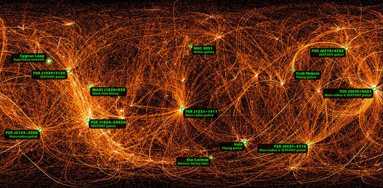 This image of the whole sky shows 22 months of X-ray data recorded by NASA’s Neutron star Interior Composition Explorer (NICER) payload aboard the International Space Station during its nighttime slews between targets. - Image Credit: NASA/NICER