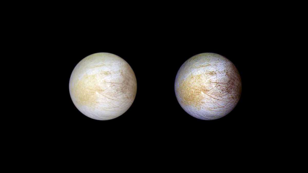 Tara Regio is the yellowish area to left of center, in this NASA Galileo image of Europa’s surface. This region of geologic chaos is the area researchers identified an abundance of sodium chloride. - Image Credit: NASA/JPL/University of Arizona
