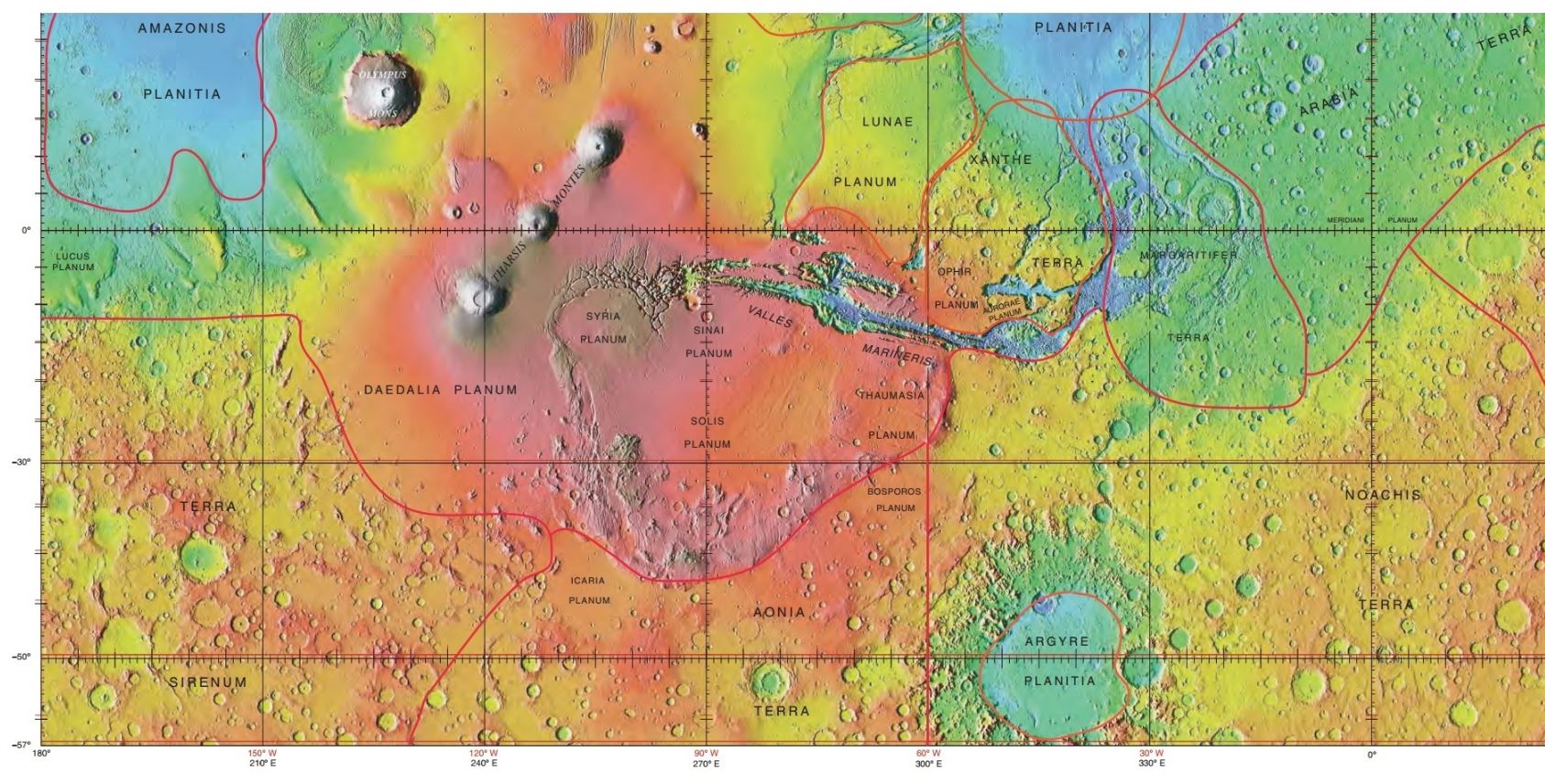 The Aonia-Solis-Valles Marineris is a region on Mars spanning from Aonia Terr through Solis Planum to Valles Marineris. Image Credits: Jim Secosky via Wikimedia Commons