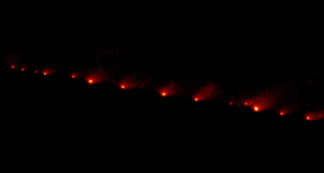 Fragments of comet Shoemaker-Levy 9 as seen by Hubble on May 17, 1994. This image includes all 21 fragments and spans about 710,000 miles (114,000 kilometers), roughly three times the distance from the Earth to the Moon. The fragments impacted Jupiter in July 1994. - Image Credit:NASA/ESA/H. Weaver and E. Smith (STSci)