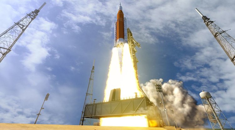 Illustrazione dell'artista del lancio dello Space Launch System, che alla fine sarà il razzo più potente mai costruito. - Crediti immagine: NASA