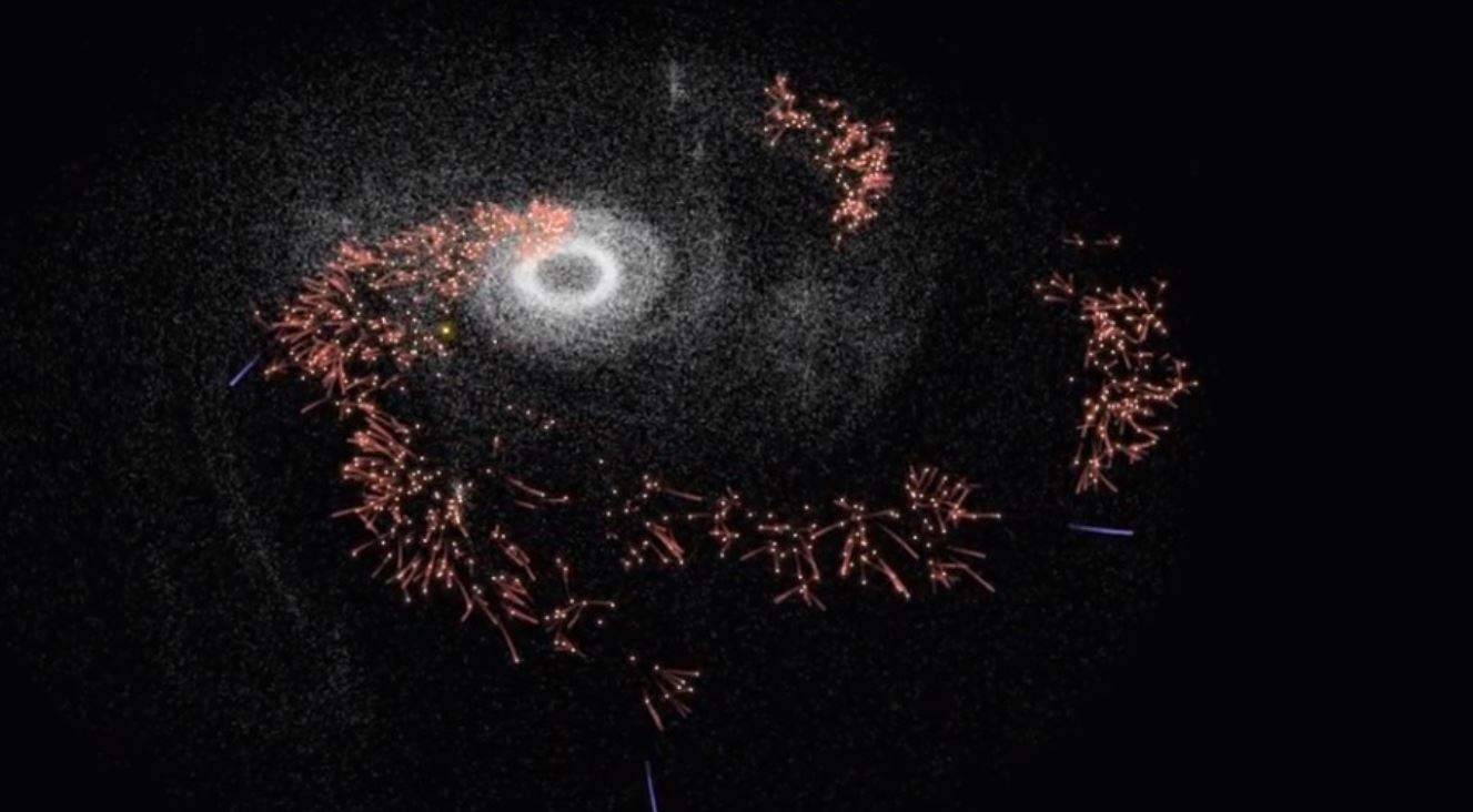 What looks like a still of an exploding firework is actually taken from an ESA simulation of humankind’s expansion across the stars, produced for an international competition. Each dot is a habitable star system, with the coloured stripes representing interstellar expeditions between them. - Image Credits: ESA ACT