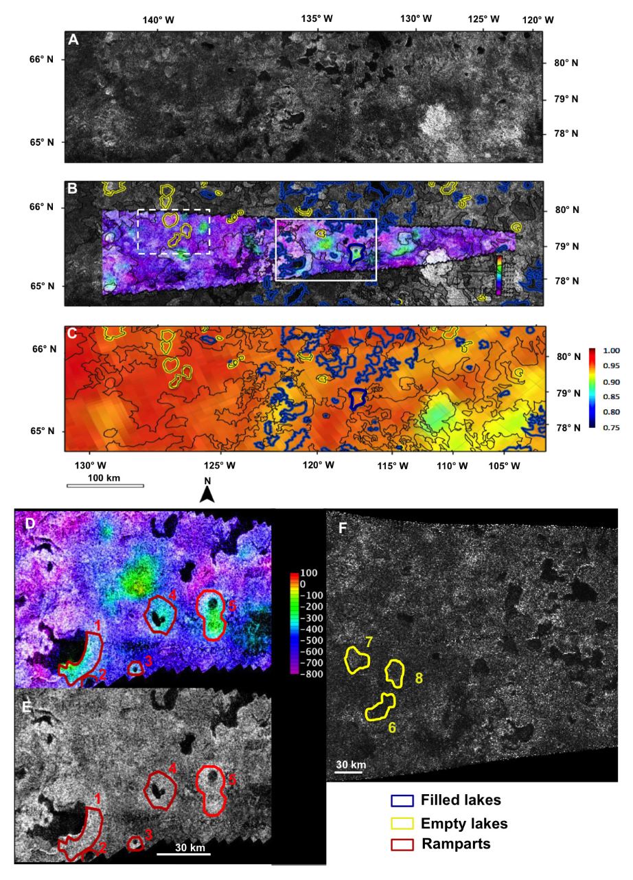 Filled and empty lakes on Titan. Spectral data showed that the floors of empty lakes and the ramparts surround some lakes are made from or are coated with the same material. - Image Credits: NASA/JPL-Caltech/ASI; ESA/A. Solomonidou et al. (2019) - (…