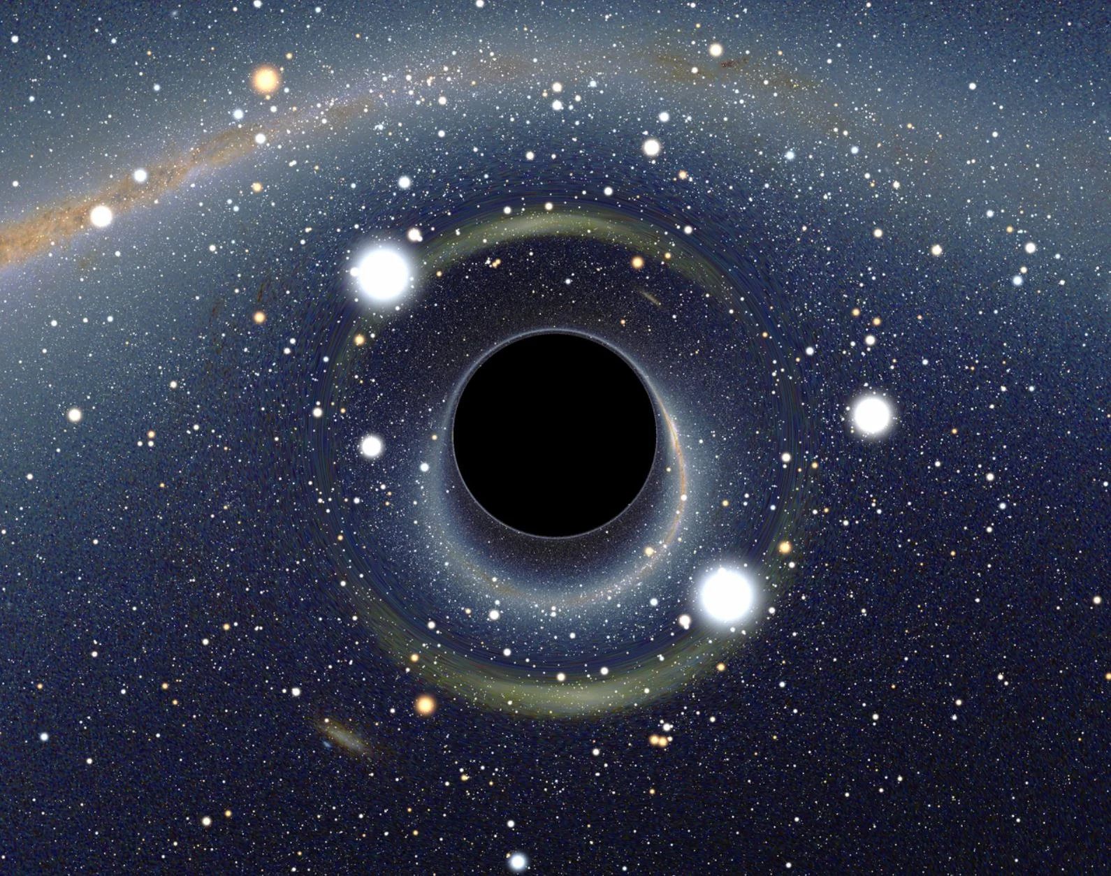 Artist’s impression of a black hole. The ratio between the black hole Schwarzschild radius and the observer distance to it is 1:9 - Image Credit: Alain r via Wikimedia Commons (This image is also used in the banner of this article)