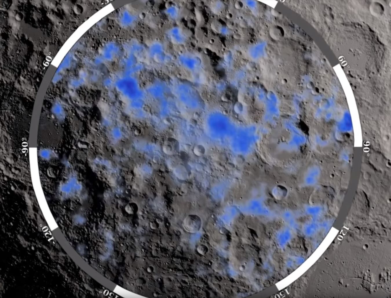 The blue areas show locations on the Moon’s south pole where water ice is likely to exist - Image Credits: NASA/GSFC