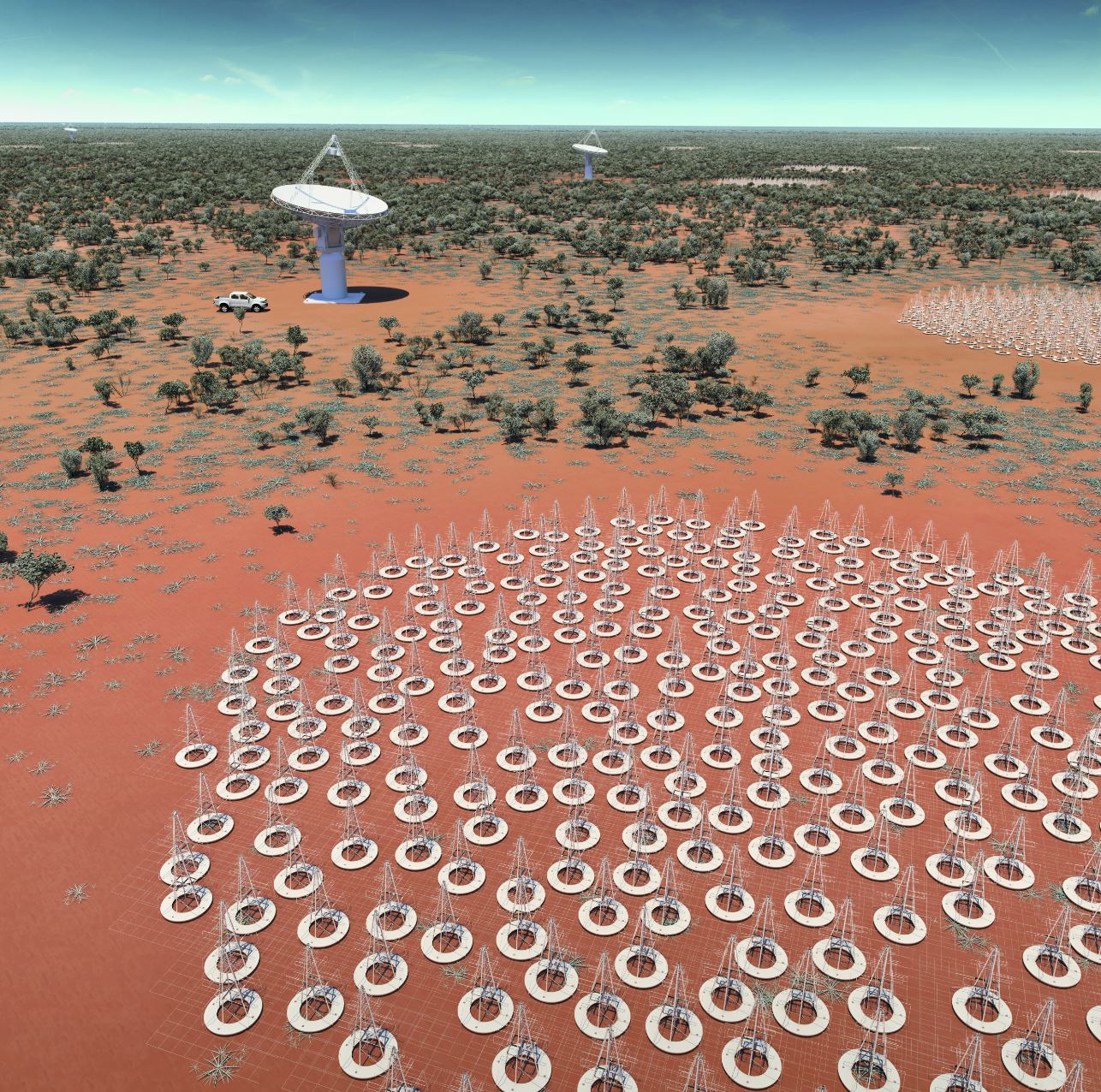 An artist’s impression of the SKA LFAA-instrument. The telescope will be made up of 130.000 antennas and will be spread out over 512 fields. - Image Credit: Astron / HDR tune by Universal-Sci - (Click on image to enlarge)