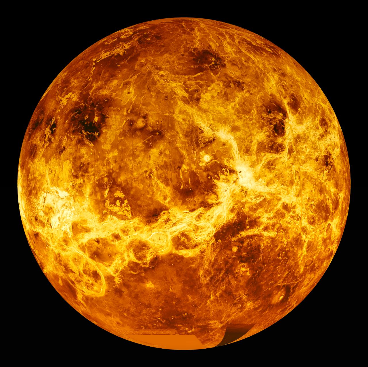 Visible-wavelength light is unable to penetrate the thick cloud layer on Venus. Instead, radar is required to view the surface from space. This is a global radar image mosaic of the planet, compiled with data returned by the Magellan mission. - Image Credits: NASA via Wikimedia Commons - HDR tune by Universal-Sci