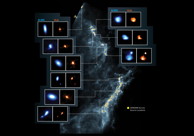 The Orion Molecular Clouds was the target of the VANDAM survey. The yellow dots show the location of observed protostars. - Image Credit: ALMA (ESO/NAOJ/NRAO), J. Tobin; NRAO/AUI/NSF, S. Dagnello; Herschel/ESA - Edited by Universal-Sci -  CC BY 3.0