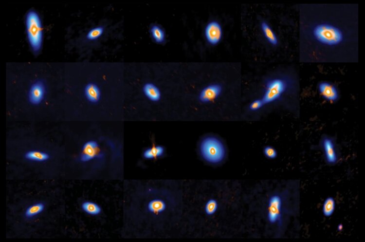 The research team studied over three hundred protostars and their disks. Shown here is a subgroup of stars,. The ALMA and VLA data compliment each other: ALMA sees the outer disk structure in blue, and the VLA shows the inner disks and star cores in orange.  Image Credit: ALMA (ESO/NAOJ/NRAO), J. Tobin; NRAO/AUI/NSF, S. Dagnello