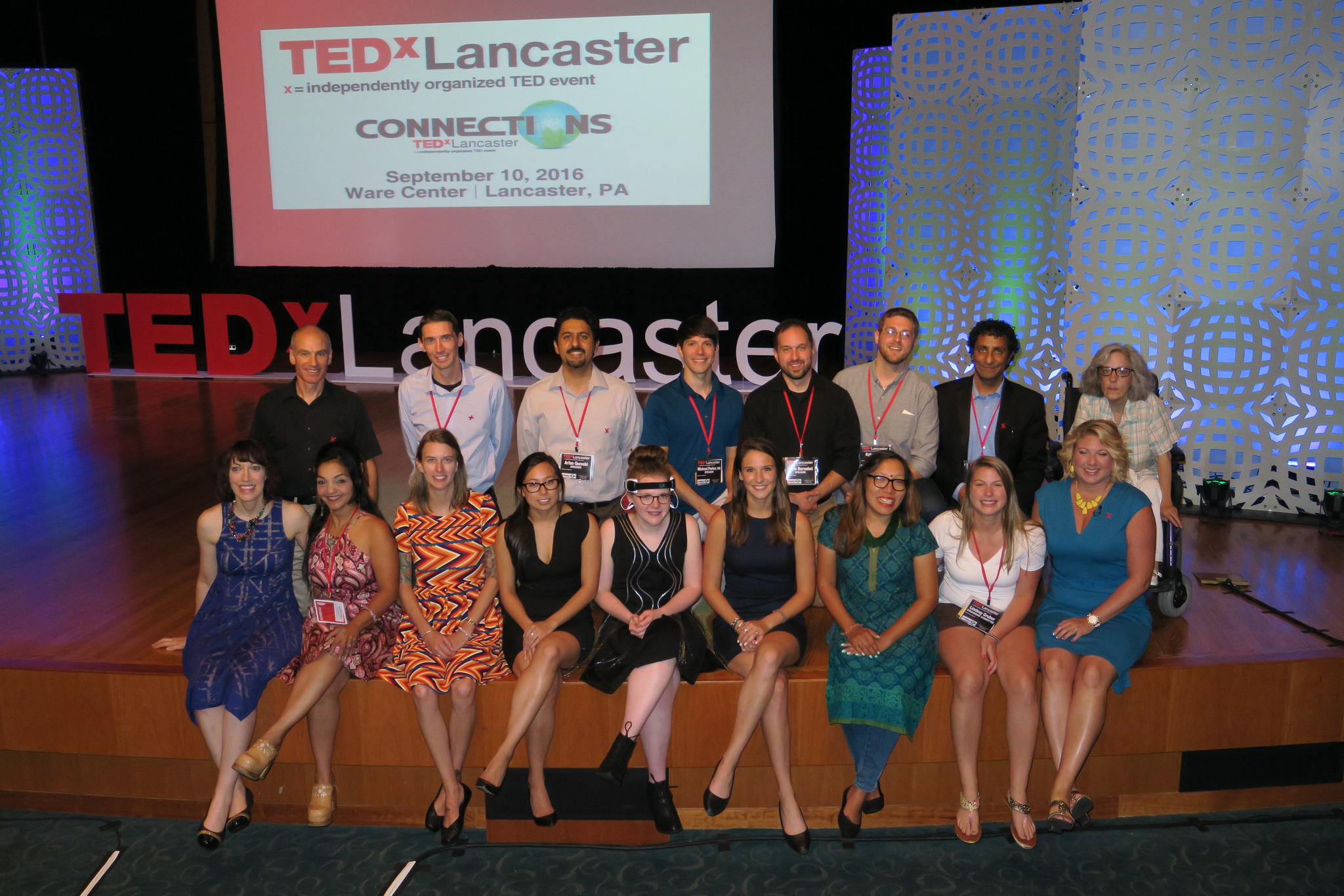 TEDxLancaster 2016's speakers and organizers (Front row-left to right) Alicia Nordstrom, Rubi Nicholas, Beth Valentin, Nga Chau, Grace Buckwalter, Amanda Brown, Haushala Thapa, Lindsey Gruber (organizer), Meredith Jorgensen Cooke (emcee) (Back row-left to right) Bob Vasile (Executive Director), Aaron Miller, Arfan Qureshi, Michael Parker, Chris Barnabei, Kyle Kuehn, Madap Sharma, Sue Schaffer (organizer), Chris Caldwell (speaker, not pictured)