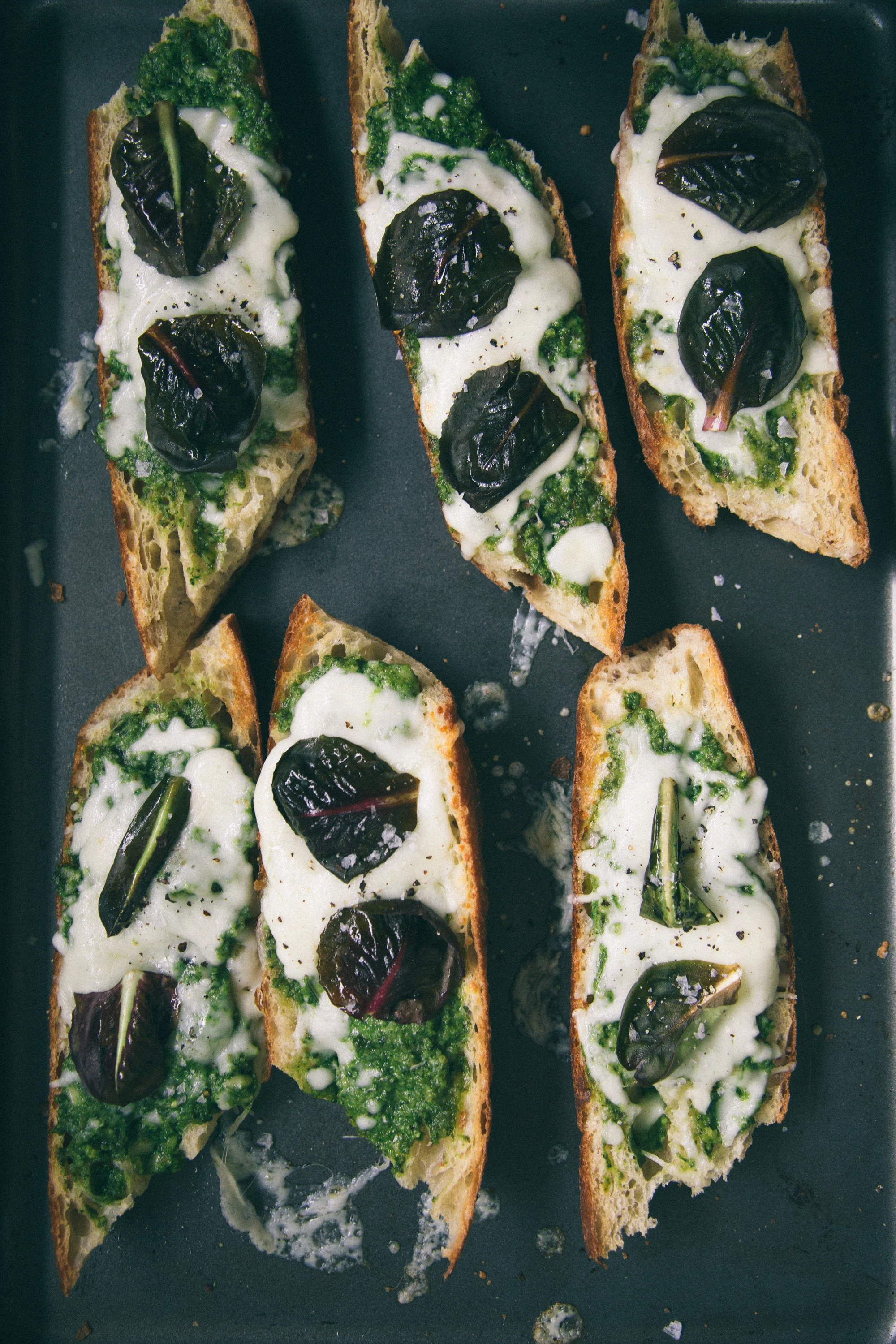 Arugula Walnut Peston & Mozzarella Broiled Sandwich with Radicchio