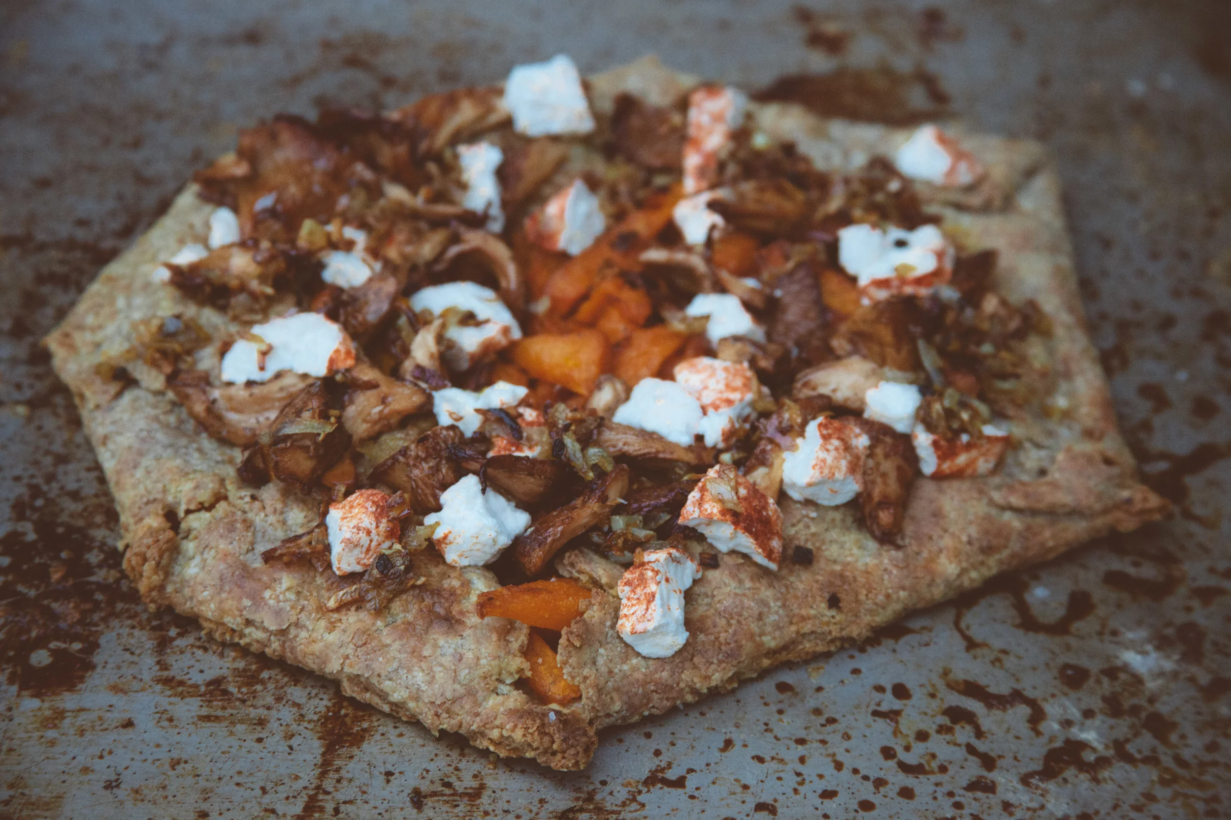 Squash &amp; Mushroom Rye Galette with Goat Cheese and Fried Shallots
