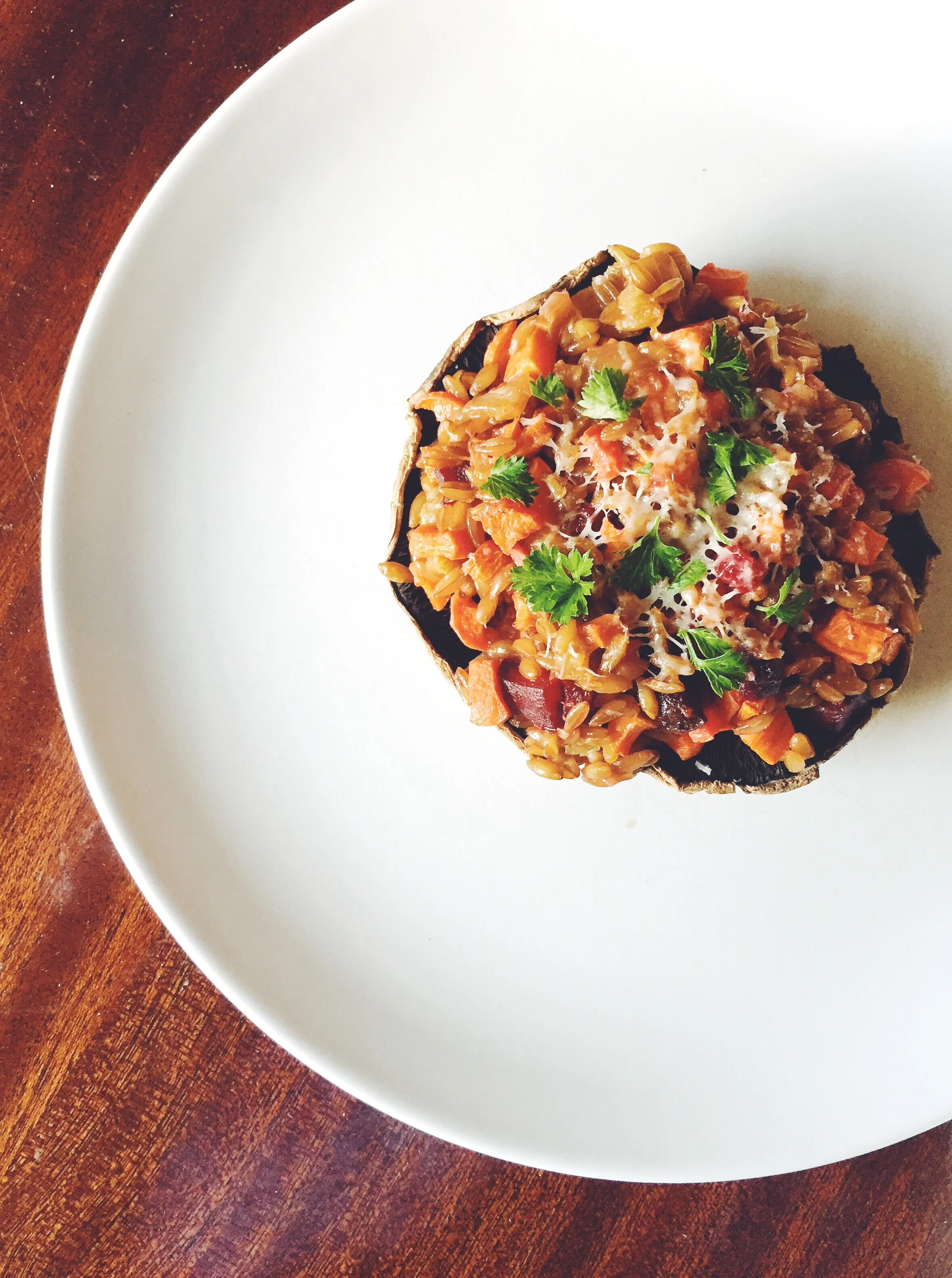 Portobello Mushrooms stuffed with Root Vegetable Farro Risotto