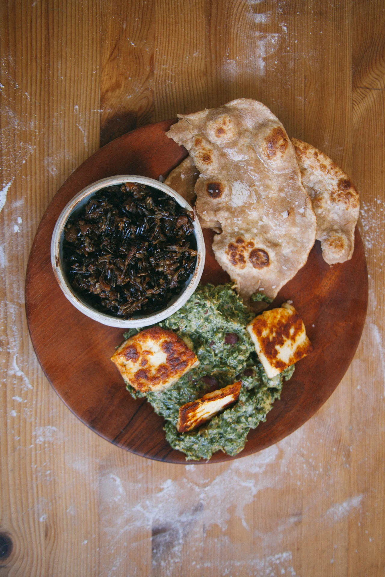 Saag Aloo, Wild rice with Apricot & Tamarind, & Fry bread