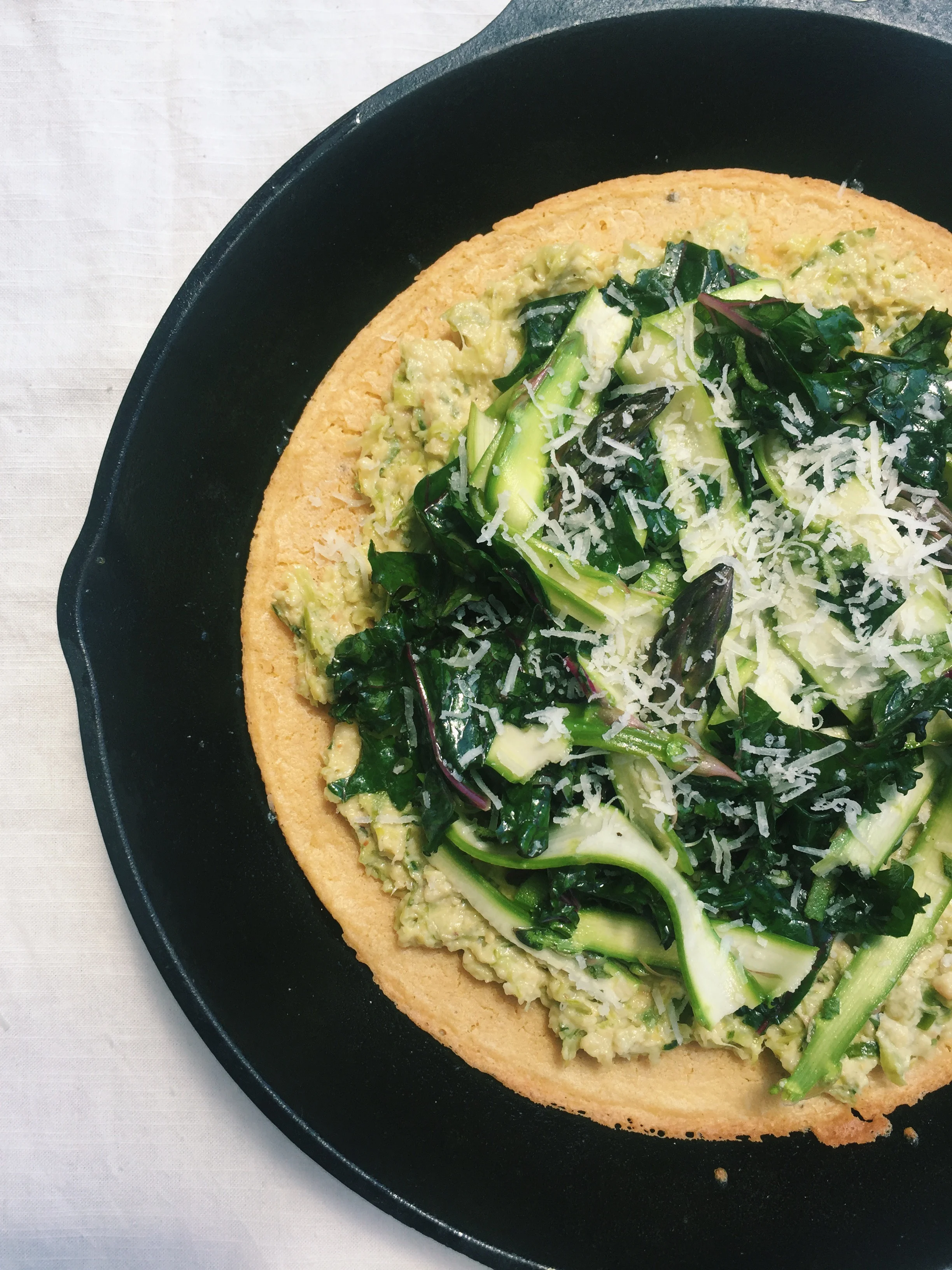 Shaved Asparagus and Kale Socca with Leek Pesto 