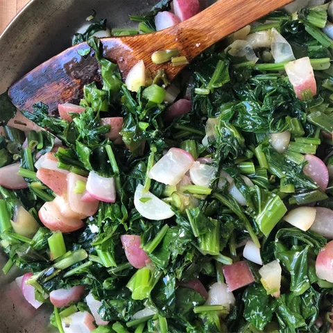 Sautéed Radishes & Spring Greens with Spicy Tahini Sauce