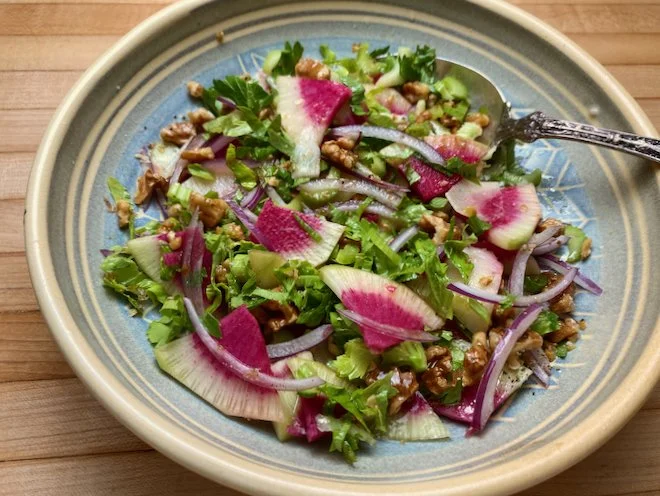 Watermelon Radish & Celery Salad with Toasted Walnuts