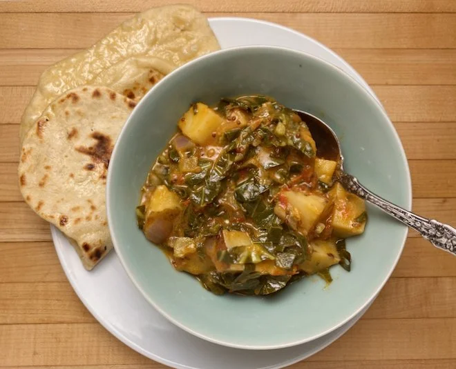 Collard Green & Potato Curry with Coconut Milk & Homemade Naan